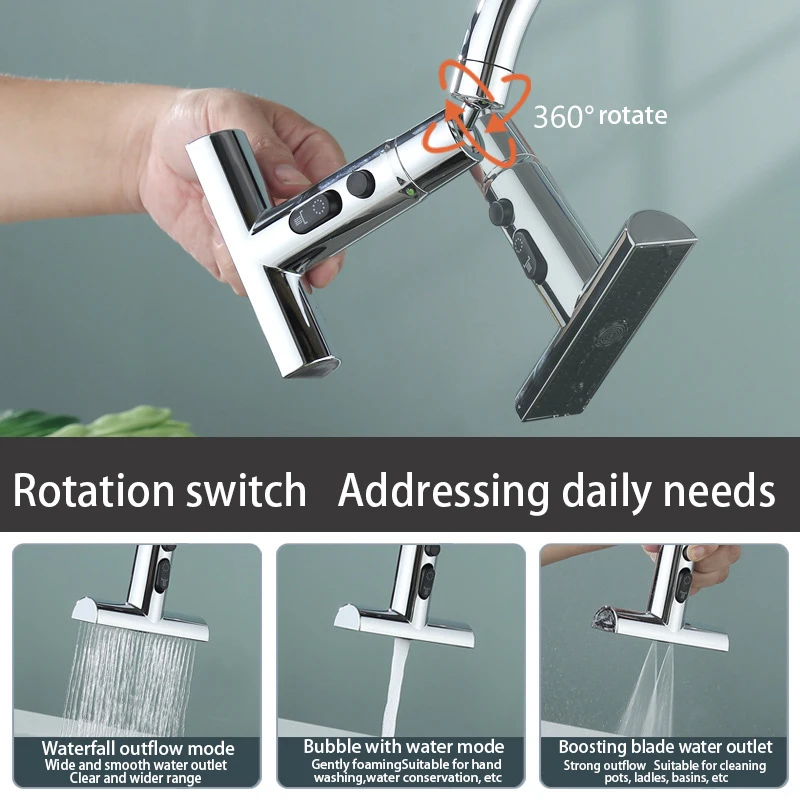 Binglin Kitchen Sink Waterfall Faucet Bubbler Splash-proof 3 Modes Spout Bathroom Basin Tap Extender Water Saving Adapter