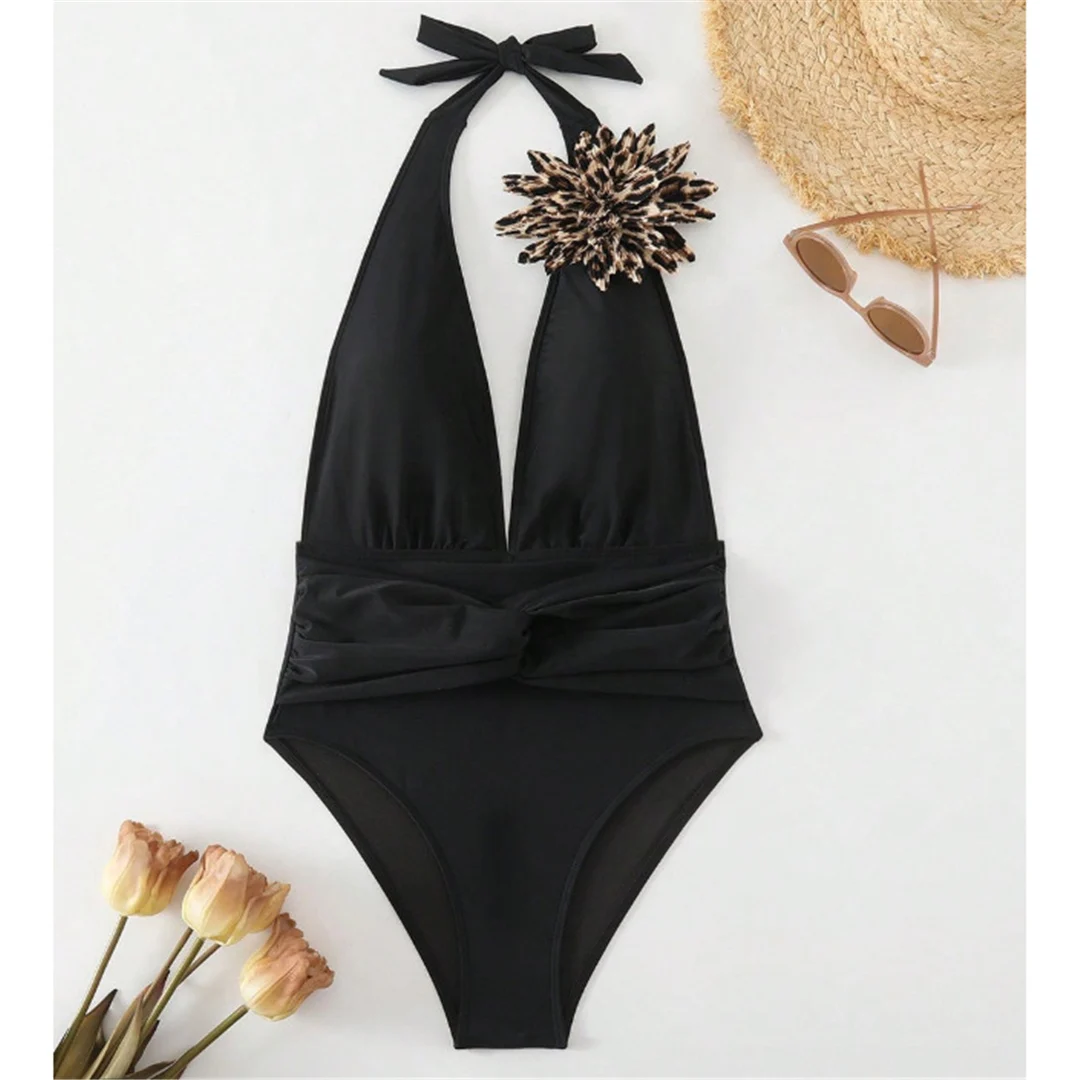 S - XL 3D-Blumenmuster, tiefes V-Ausschnitt-Design, einteiliger Badeanzug, Damen-Bademode, rückenfreier Monokini, Badebekleidung, Badeanzug, Modell V6846. – Detail 4