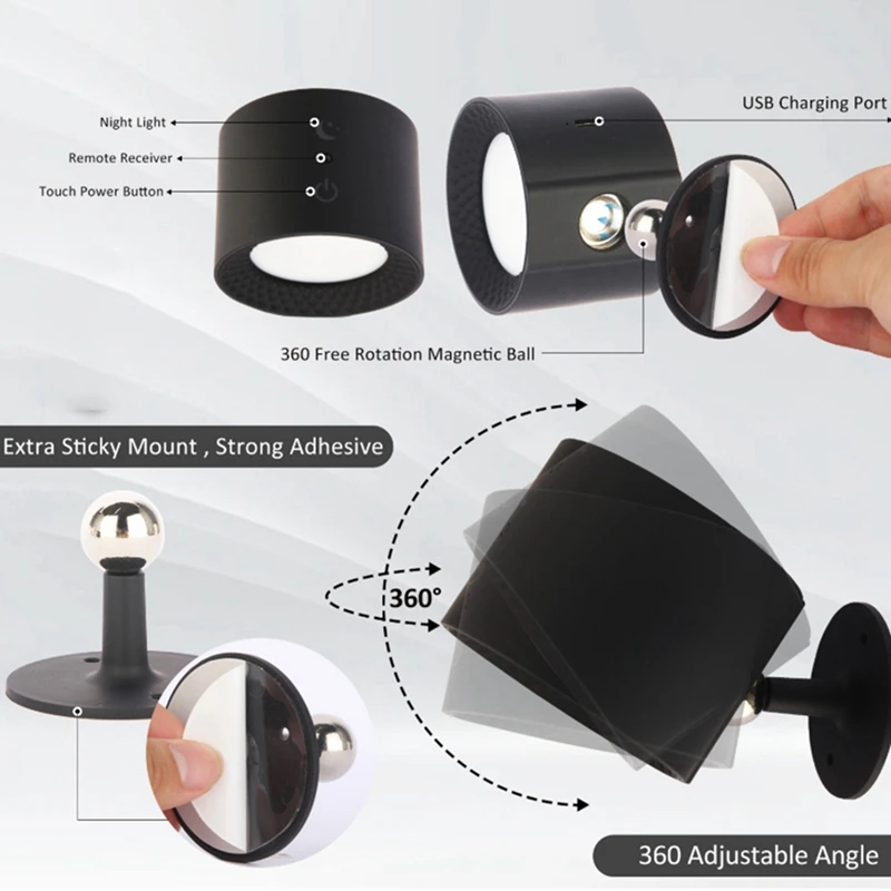 BAAG-USB 충전식 LED 조명(원격 3색 온도 RGB 7 다채로운 360 포함) °   회전식 자기 설치