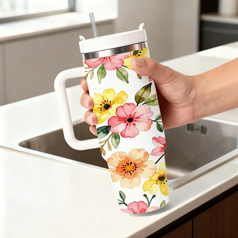 1ps Watercolor Floral Pattern 40oz Stainless Steel Insulated Tumbler, Soft Artistic Pink, Yellow & Peach Blooms Print, Durable Insulated Drink Cup for Daily Commute, Office Use & Outdoor Trips