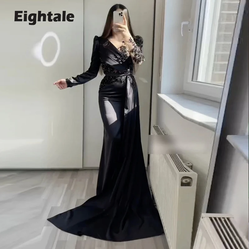 

Eightale Black Evening Dress for Wedding Party Satin Pearls Long Sleeves Pleats Elegant Mermaid Prom Gowns Celebrity Dress