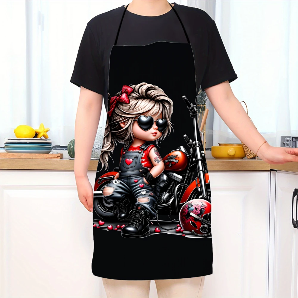 Motorcycle Biker Girl Apron With Red Bike And Heart Details For Cooking Or Barbecue