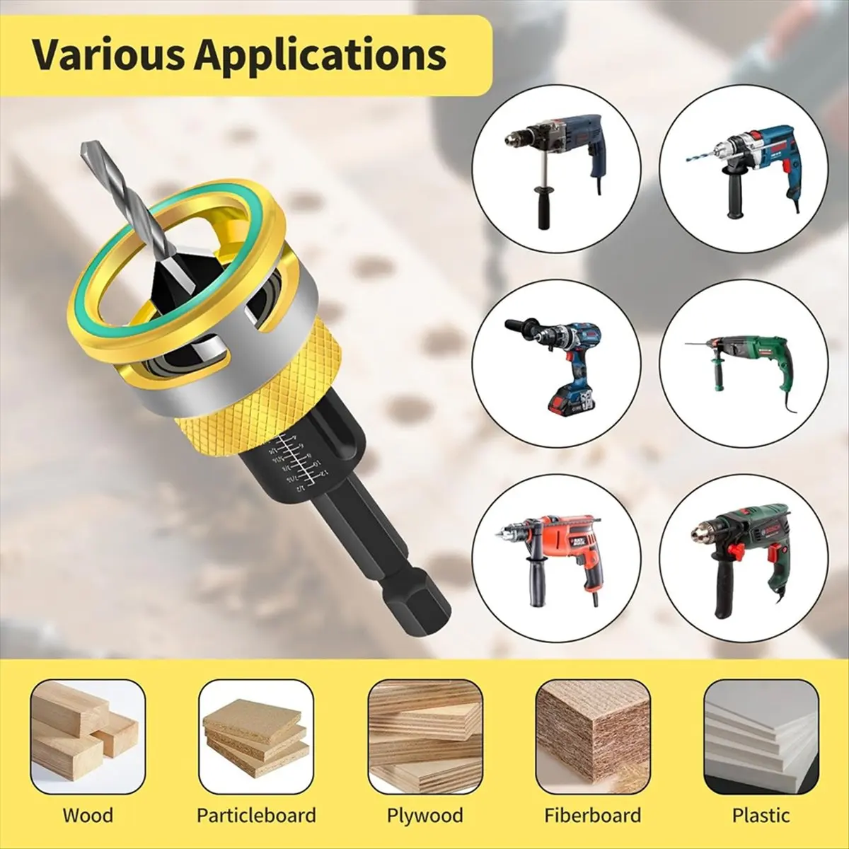 6-Piece Countersink Drill Bit Set, Pre-Drilling and Countersinking in , with Depth Stop, 1/4 Inch Hex Shank