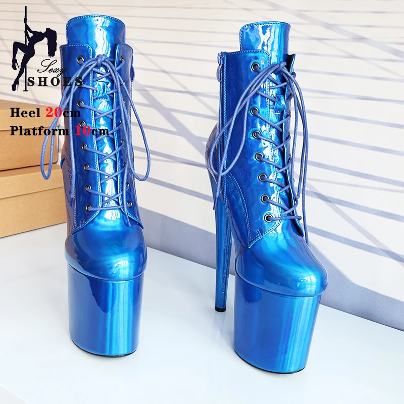 2024 New 20CM/8Inch Pole Dance Boots Platform Stripper Heels Women Ankle Boots Lace-up Zip Roman Nightclub Fashion Lady Knight B