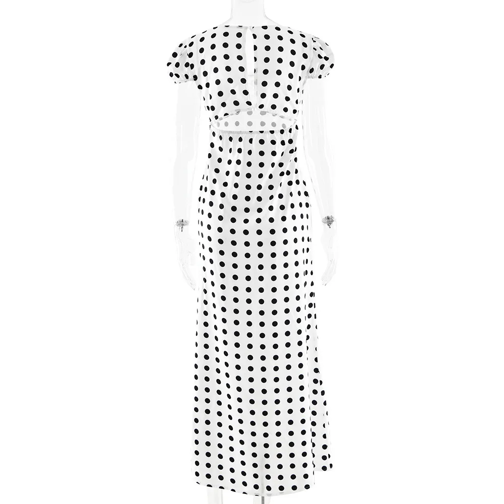 Apprabant French Lace Patchwork Satin Polka Dot A-Line Maxi Dress Women Elegant Backless Cut Out Long Gown Birthday Partywear