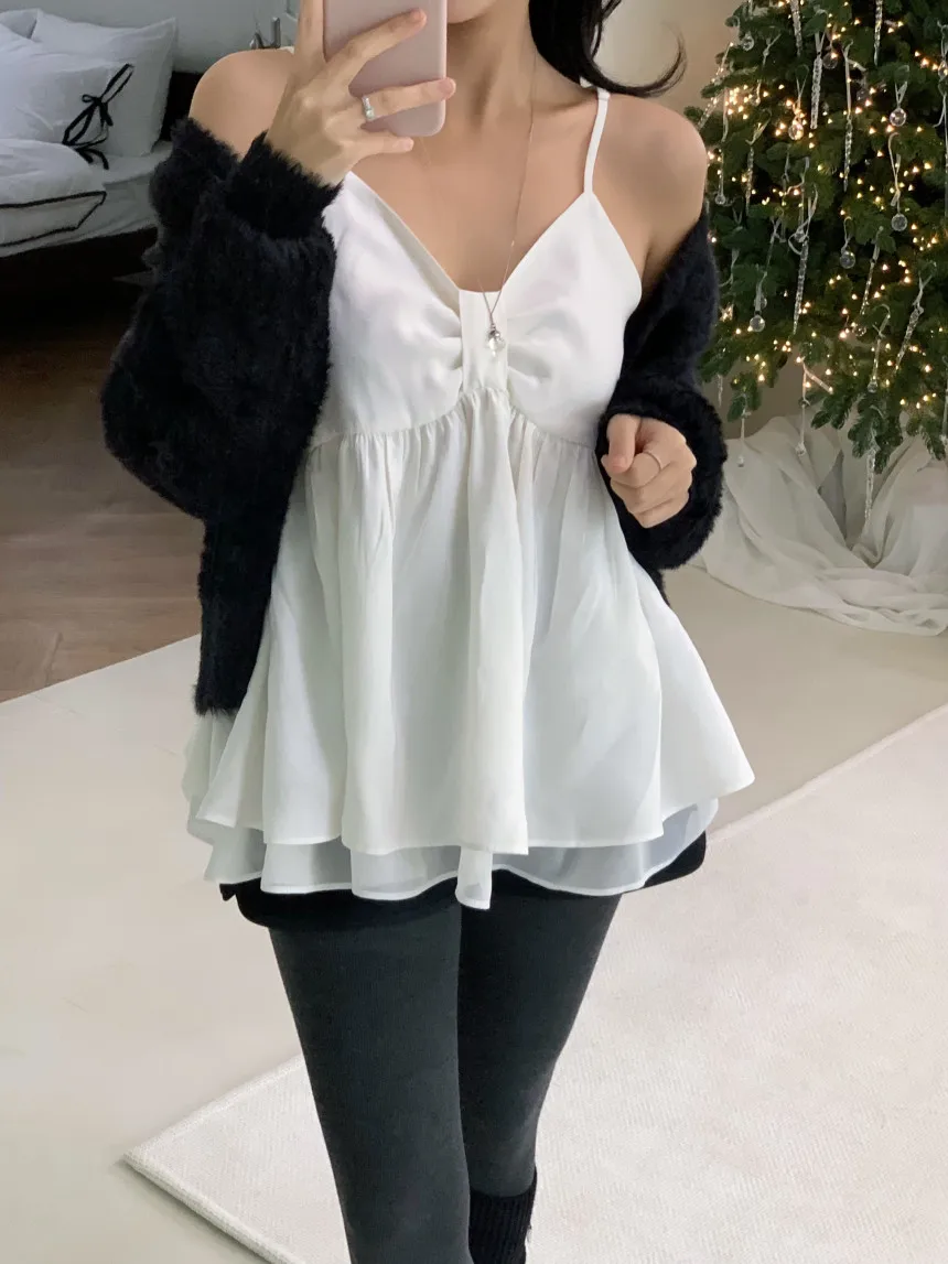 Chic Summer  Women's Top Sweet Atmosphere Double Layer Skirt Style Hem Vest Strap Inner Wear Casual Loose Fit Outerwear