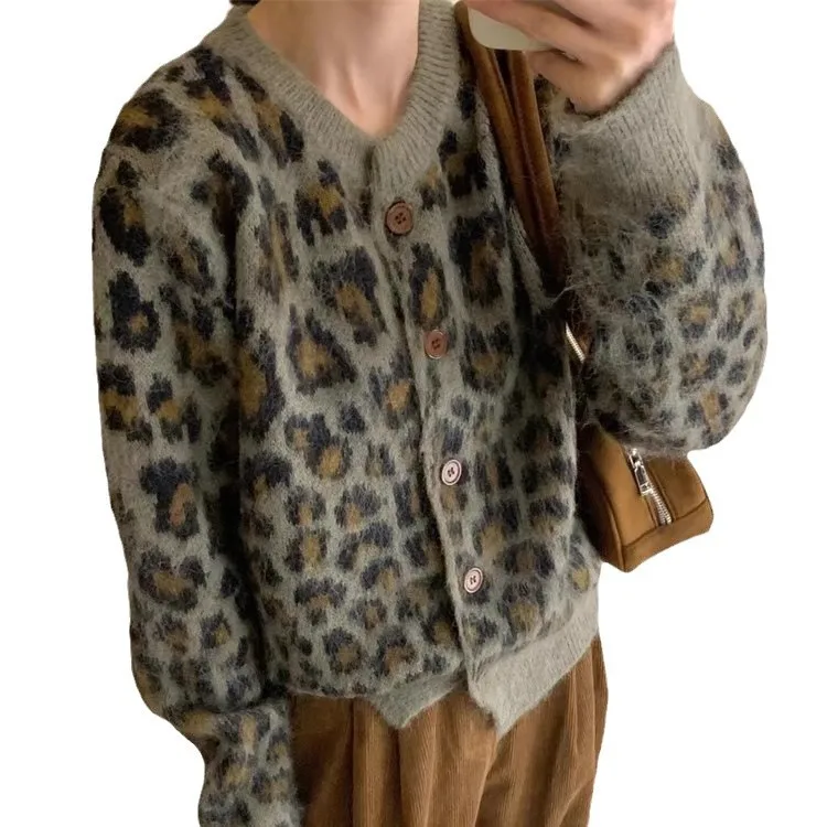Осенне-зимний вязаный свободный свитер в стиле ретро с леопардовым принтом, свободный верхний кардиган