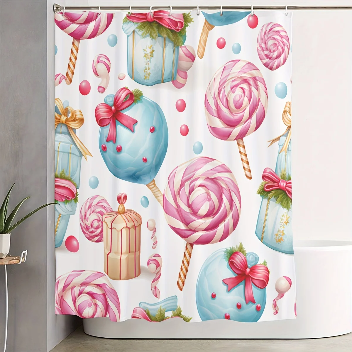 

"Занавеска для душа Candyland, водонепроницаемая и декоративная для детской ванной комнаты, сладких леденцов и дизайна подарочных коробок"