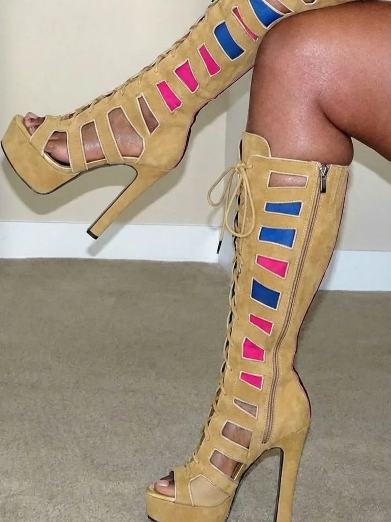 2026 Colorful Cut Out Gladiator Sandals Peep Toe Stiletto High Heels Lace-Up Women's Sandal Boots Cross Tied Patchwork Heel Shoe view 2