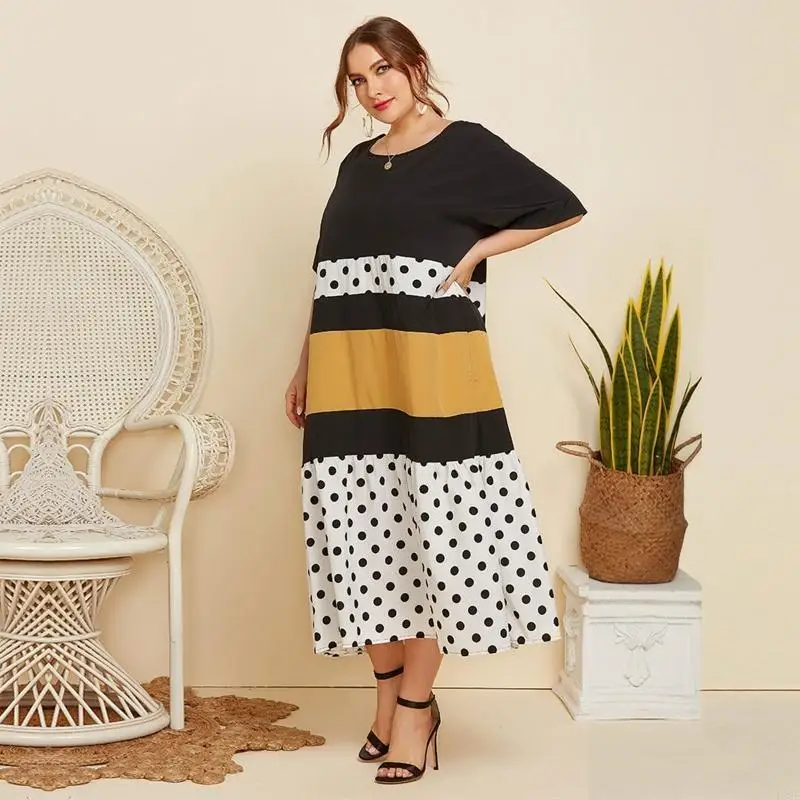 L38E Women O-Neck Polka Dot Stitching Casual Short Sleeve Oversized Loose Midi Dress