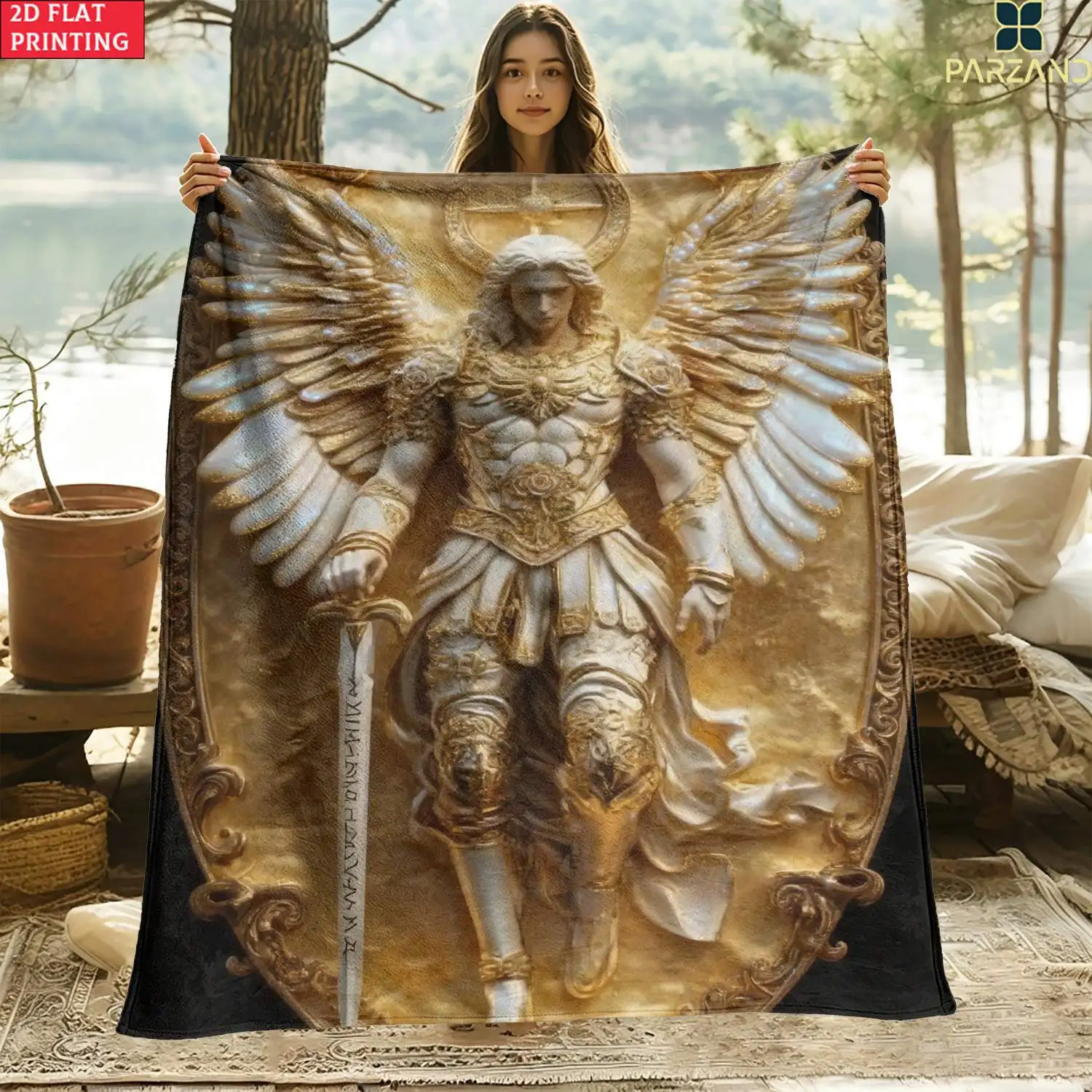Vintage Golden Shield Angel Warrior With Big Wings Sword Base Print Blanket, Light Flannel Throw For Couch Room, Sacred Faith