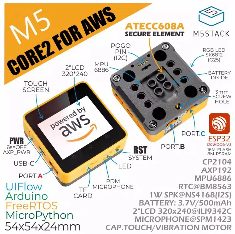 

M5Stack Core2 AWS IoT, Обучающий набор, сенсорный экран, Чип шифрования ATECC608A