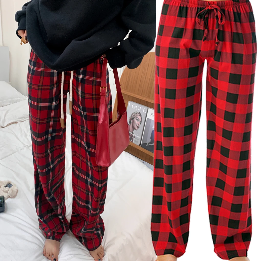 Women Ladies Pajamas Pants Plaid Breathable Casual Style Elastic Long Drawstring Trousers Underwear M Size Home