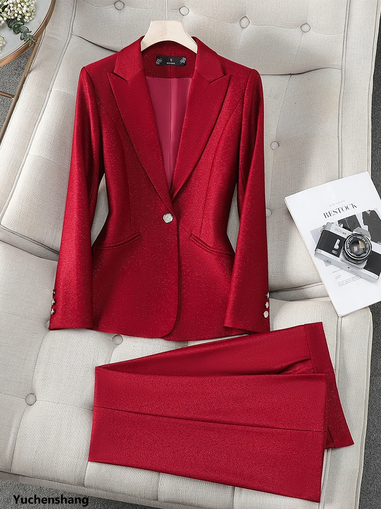 

Черный, красный, розовый, абрикосовый офисный женский брючный костюм, женская рабочая куртка, пиджак и брюки, формальный комплект из 2 предметов