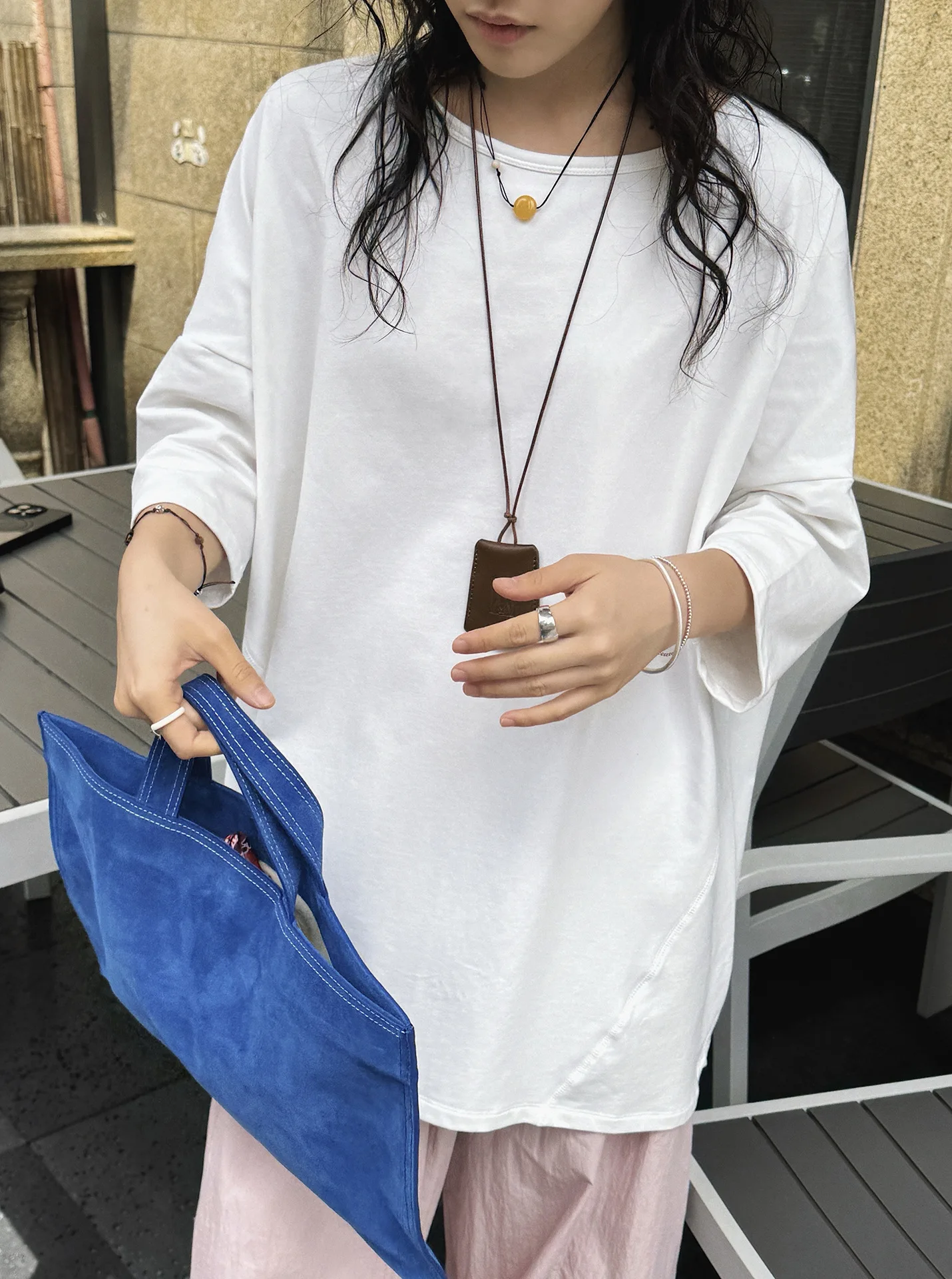 T-shirt ampia a maniche corte girocollo tinta unita casual da donna estiva