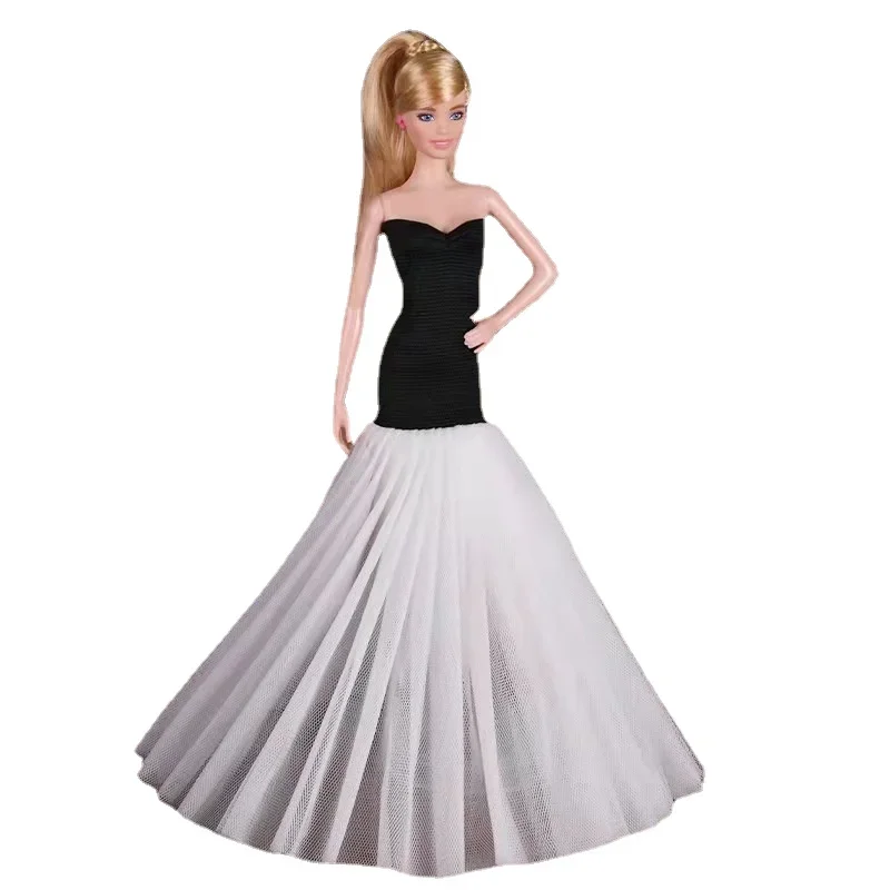 Branco e preto vestidos de casamento para boneca Barbie, princesa Fishtail vestido de festa, roupa boneca, brinquedos acessórios, 1:6 bonecas