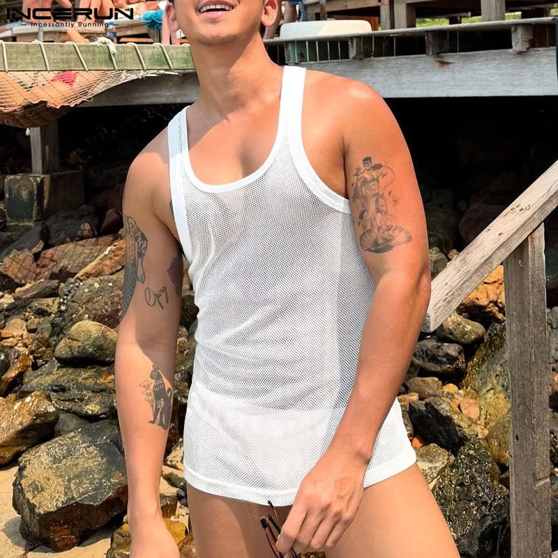

INCERUN Men Tank Tops Solid Color O-neck Sleeveless Transparent Mesh Male Vests Summer Streetwear 2025 Hollow Out Men Clothing