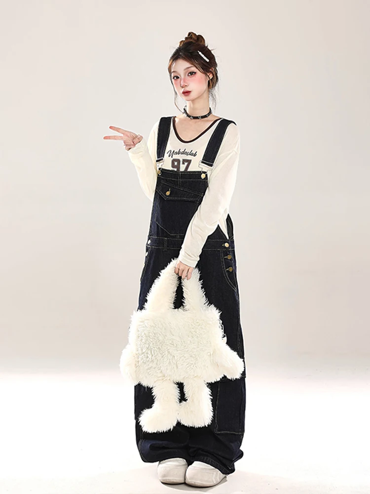 Macacão jeans feminino solto rua sle multi-ket casual calças de perna larga cintura alta coreano sle primavera faion plus size