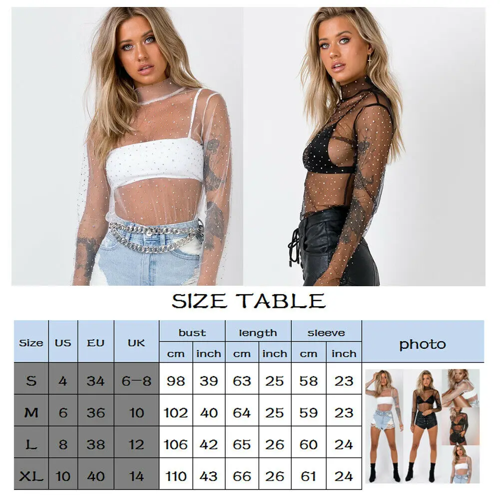 Sexy Frauen Boho Kleidung Sehen-durch Kristall Strass Pailletten Glitter Spitze Mesh Rollkragen Langarm Bluse Abdeckung-ups