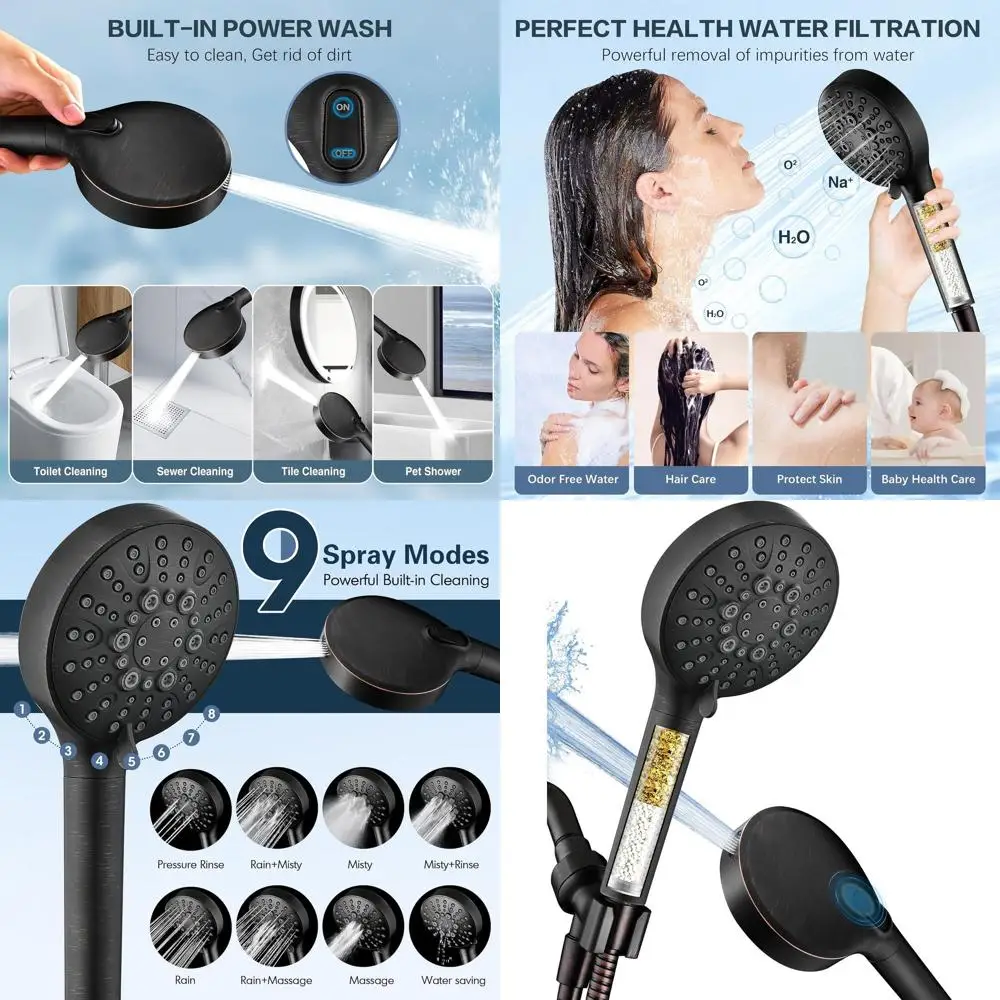 

Ручной душ высокого давления с 9-режимным режимом, длинным шлангом, бронзовой отделкой, удаления хлора и твердой воды