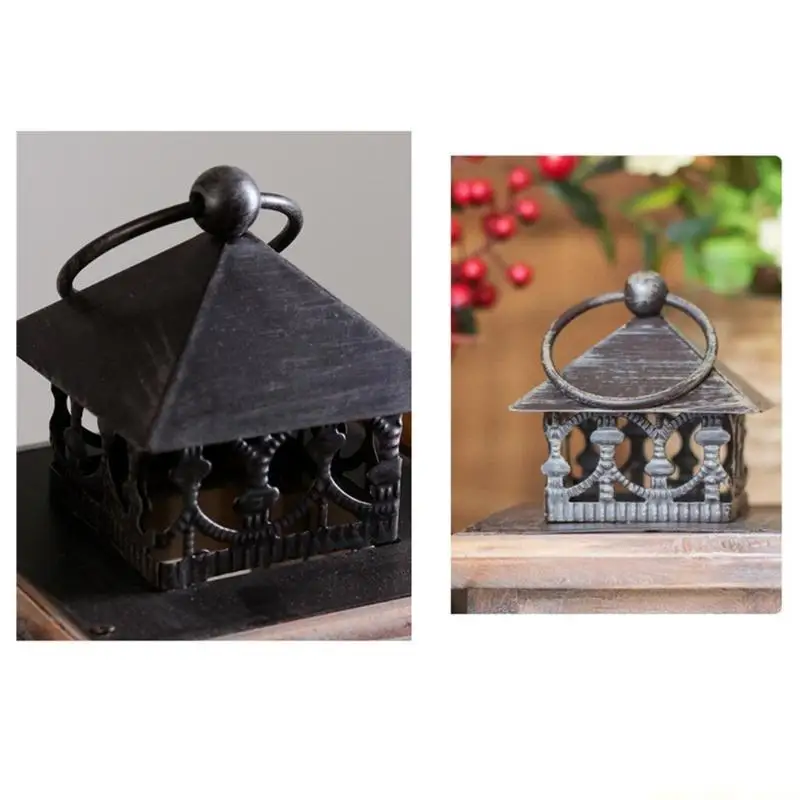 QX2E 8.6 Inch Rustic Metal Lantern for Table Top Mantle Wall Hanging Garden Display Indoor & Outdoor Use Small