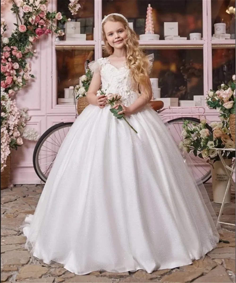 

Elegant Flower Girl Wedding Dress Ball Gown Appliques Long First Communion Dress For Little Girl Princess Birthday Party Gown