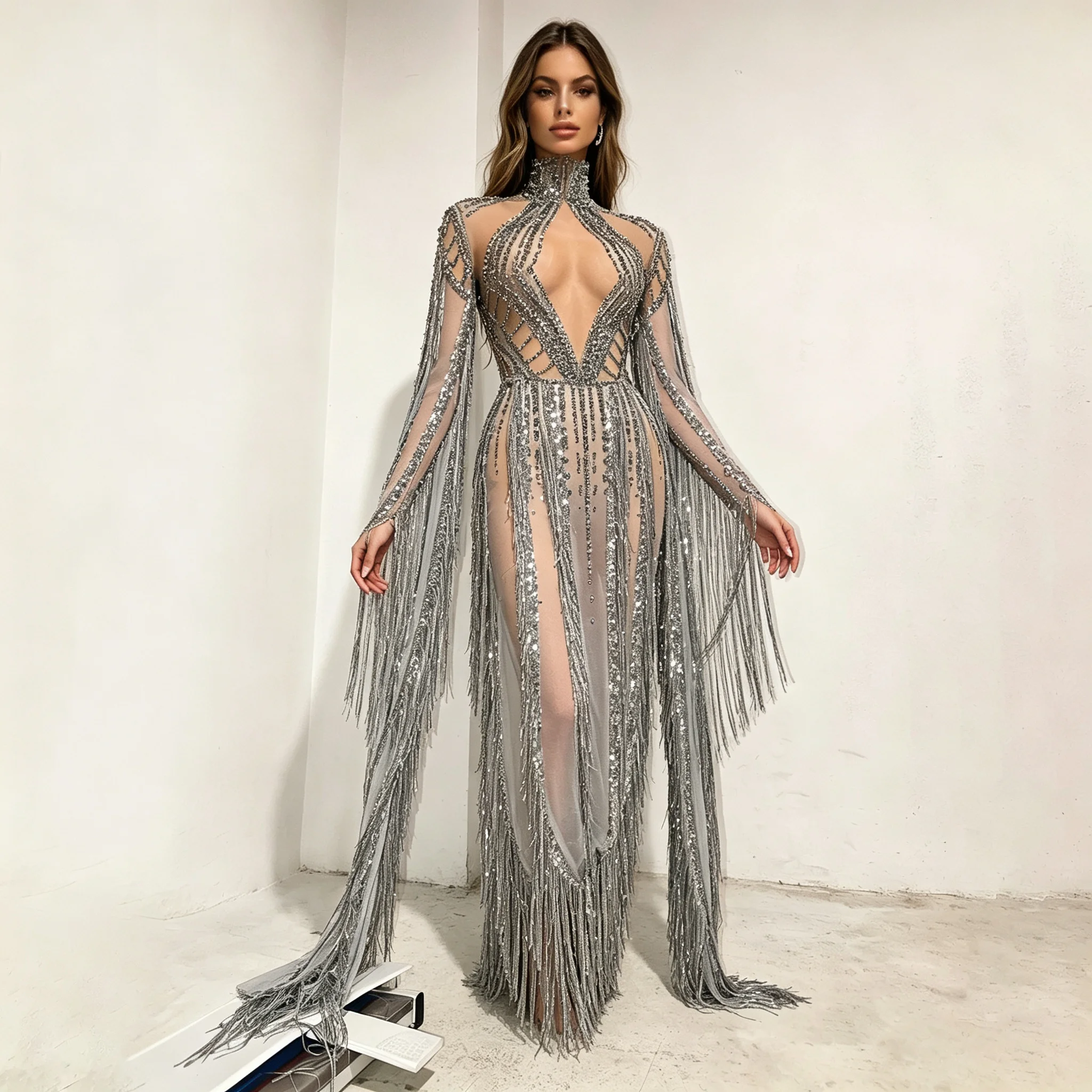 High-end Silver Rhinestone See-Through Long Skirt sexy Fringe Dress Celebrating Birthday Drag Queen Stage Performance Costume