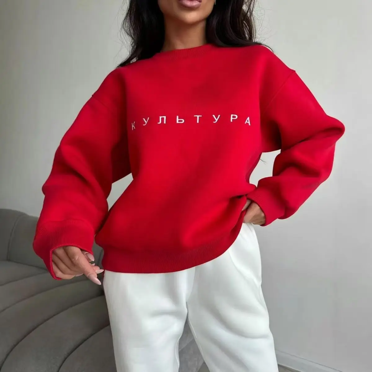 

Женская тонкая толстовка оверсайз с принтом «Русская мода» и круглым вырезом, с длинным рукавом, весна-осень 2026, европейский стиль