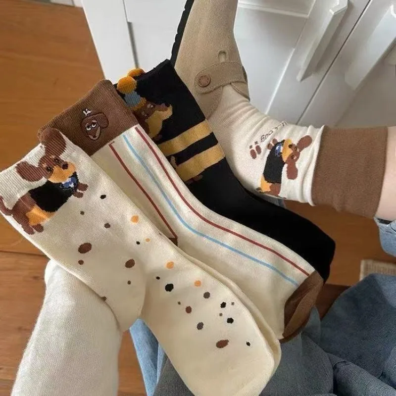 

5 пар весенне-летних новых модных универсальных разноцветных носков в горошек, хлопковые носки с героями мультфильмов, повседневные женские носки средней длины ﻿