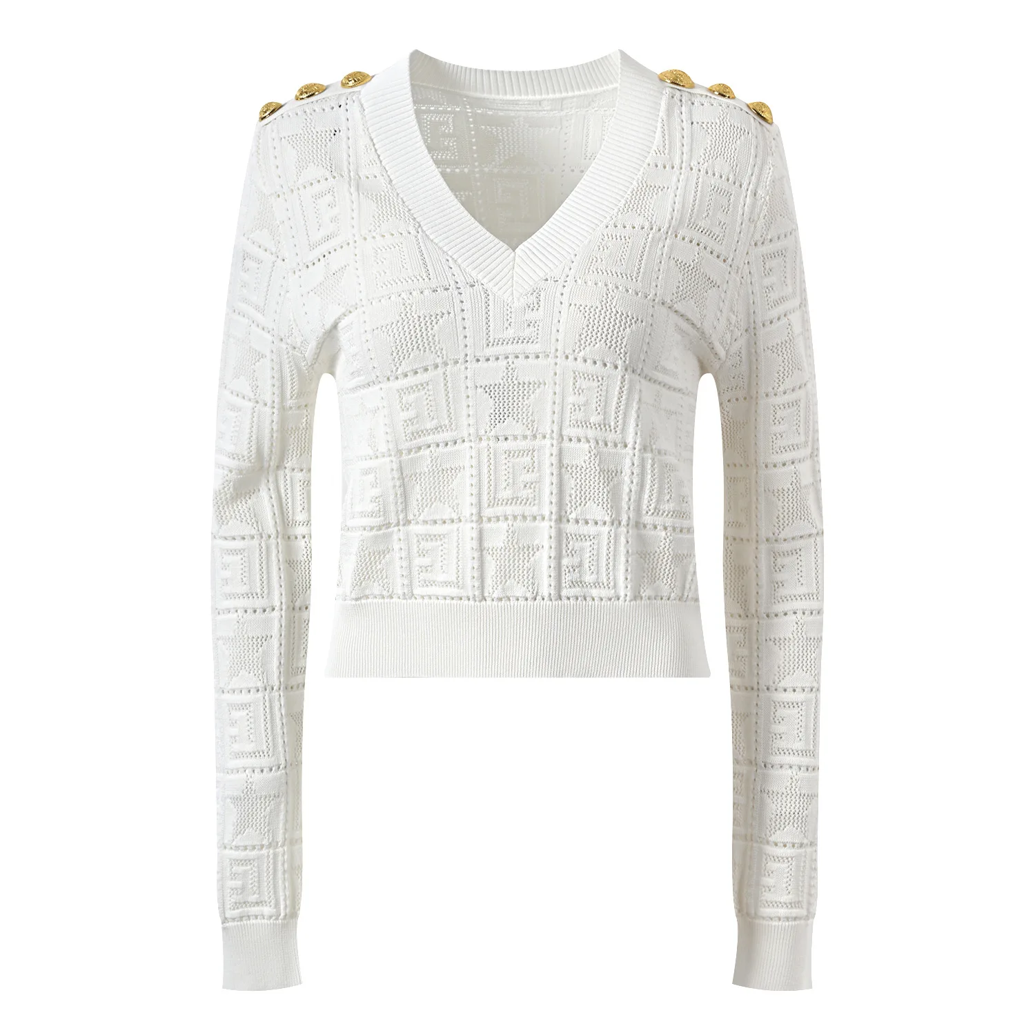 High-End Parisian Design Star Embroidery Hollow Metal oulder Bule Decorative V-Ne Versatile Knitted Top Women's Faion