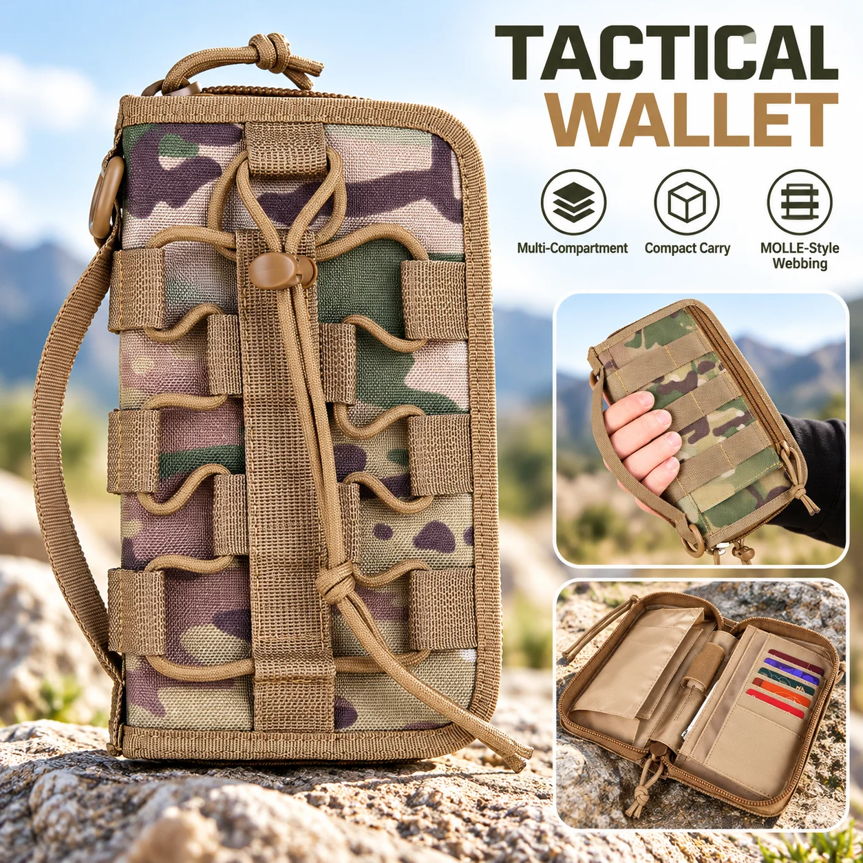Tactical Camouflage Wallet for Men, MOLLE EDC Organizer with Phone Pocket, Credit Card Slots, Zipper Closure and Key Ring