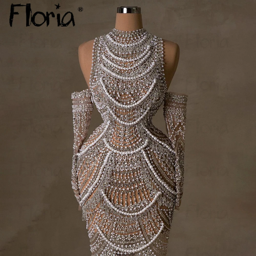 Floria Turtle Neck Pearls Party Dress Off Shoulder Long Sleeve Sheath Robes Elegant 2024 Pageant Wear Evening Dress for Wedding