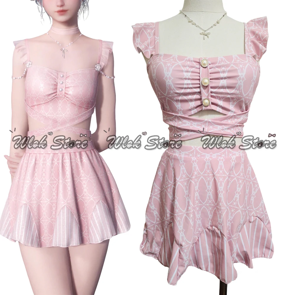 Disfraz de Cosplay de MC de Love and Deepspace, Traje de Baño Rosa de la Heroína Sylus, Collar, Traje de Baño de Verano para Mujer, Traje de Baño para Fiesta en la Playa