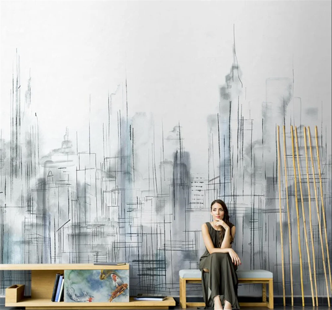 

Modern simple and abstract lines urban architecture wallpaper living room television background wall 3d custom mural