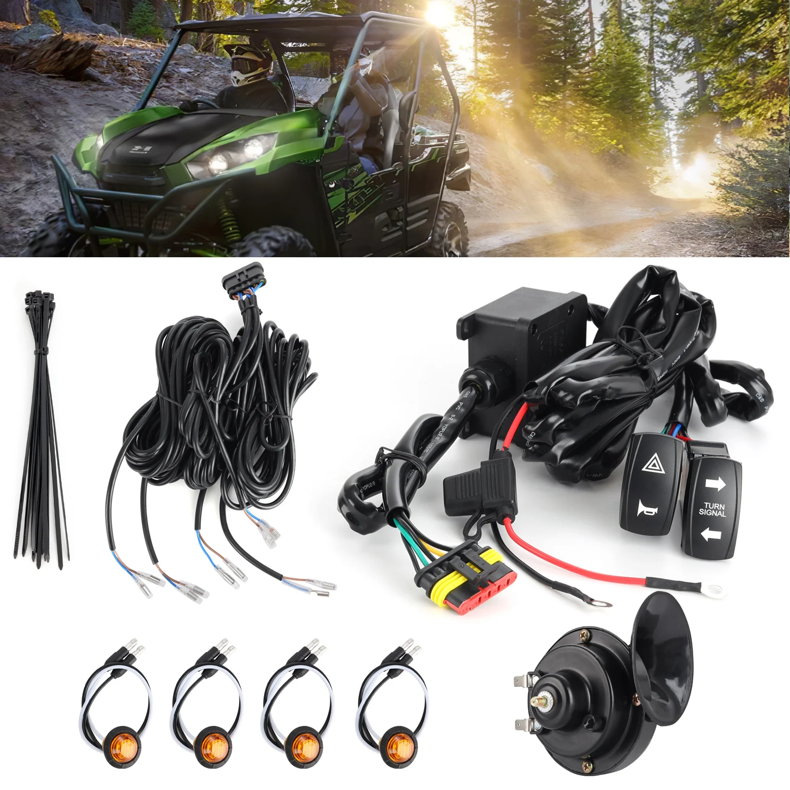 

Universal ATV UTV Turn Signal Kit Street Legal Kit with Turn Signal Horn Hazard Light Rocker Switch Flasher Relay Fuse Wire