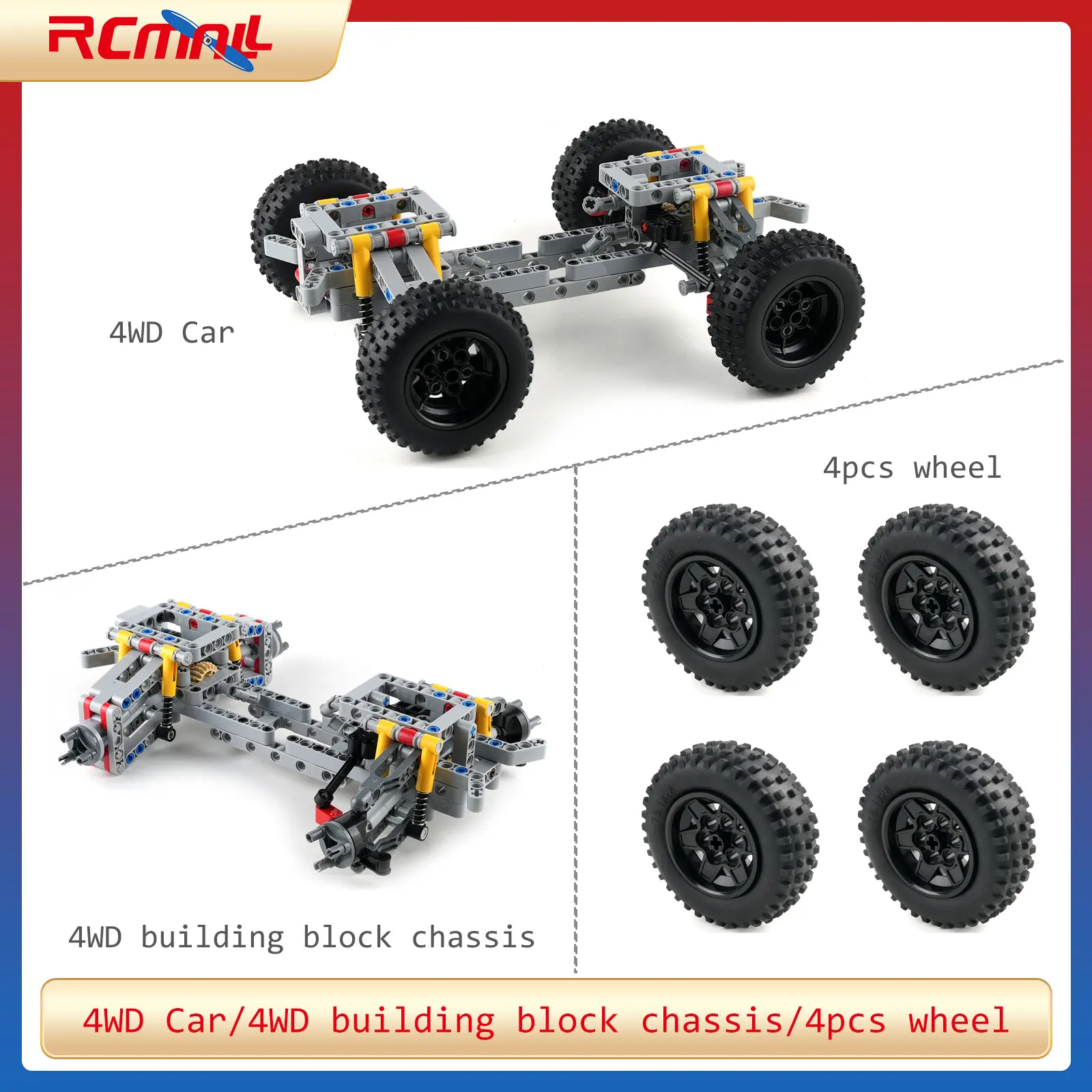 4WD Building Block Chassis with Independent Suspension Differential Steering Axle 75.1x28mm Wheels Compatible with 69909/56908
