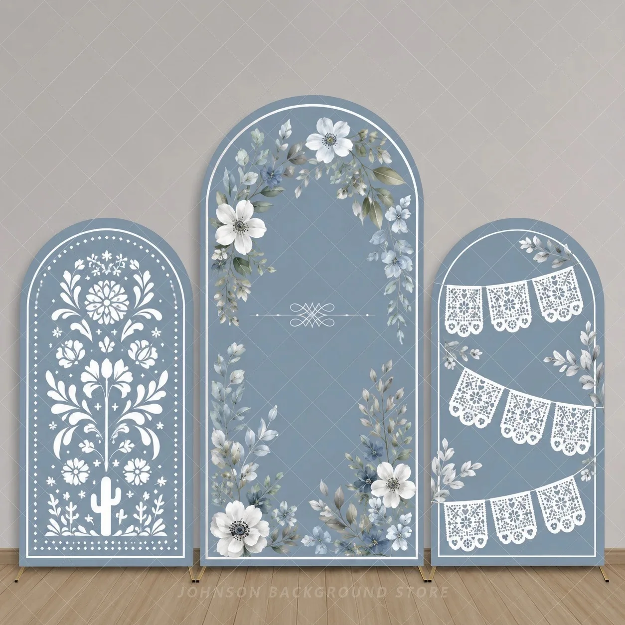 Dusty Blue Floral Fiesta Arch Backdrop Cover Mexican Papel Picado Party Decoration Boho Birthday Baby Shower background