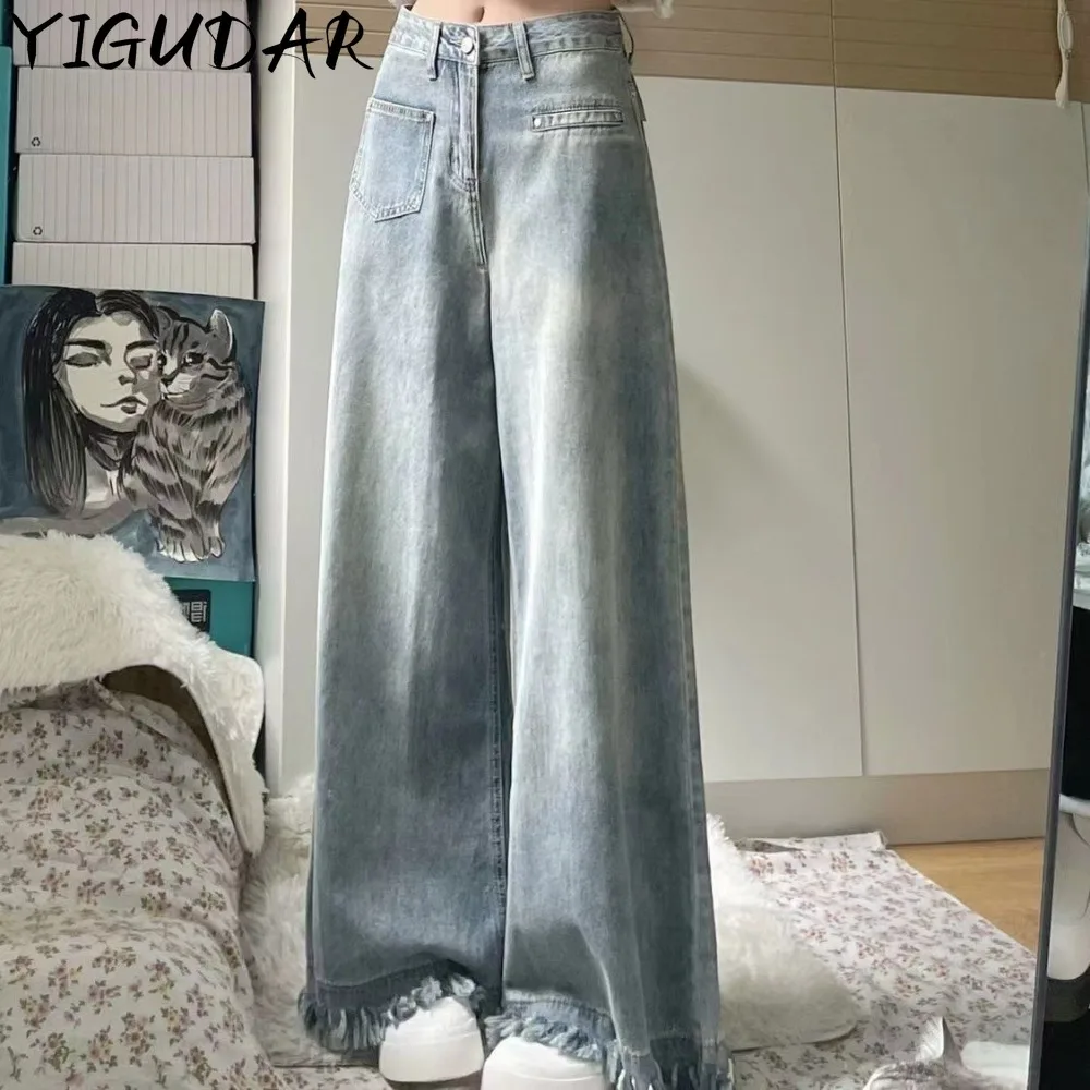 

Baggy Jeans Women High Waisted Jeans 2024 Fall New Irregular Button Tassel Denim Pants Vintage Streetwear Blue Wide Leg Trousers