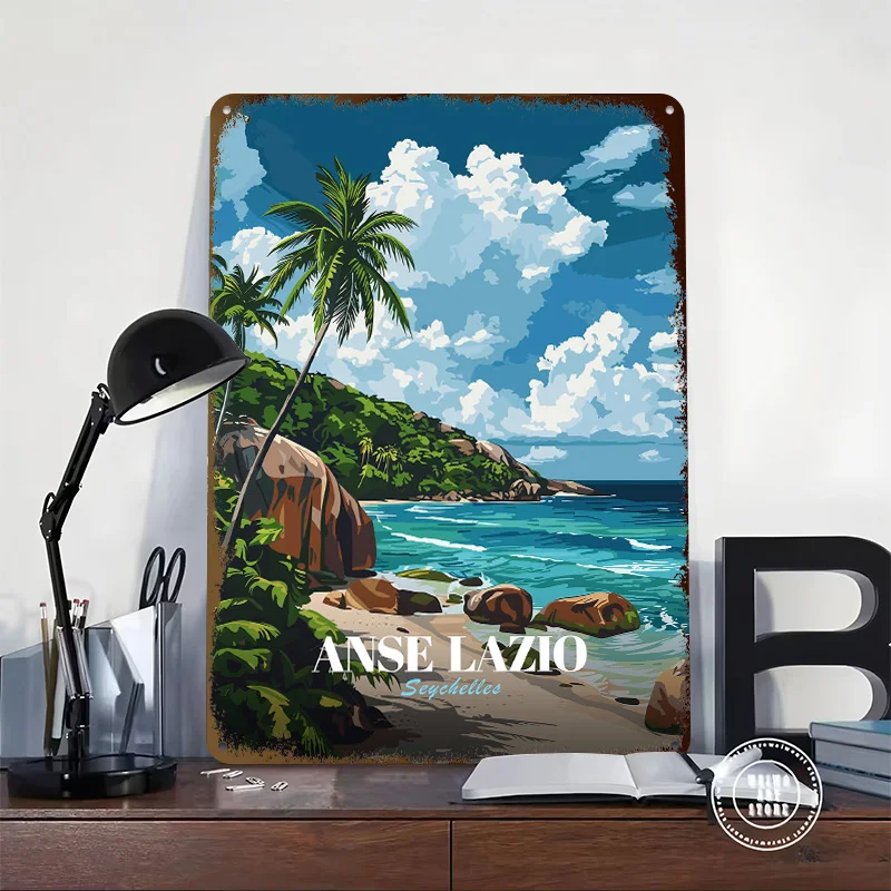 Anse Lazio Seychelles Tropical Beach Personalized 3D Textured Metal Poster Wall Art Vintage Tin Signs for Room Accessories House