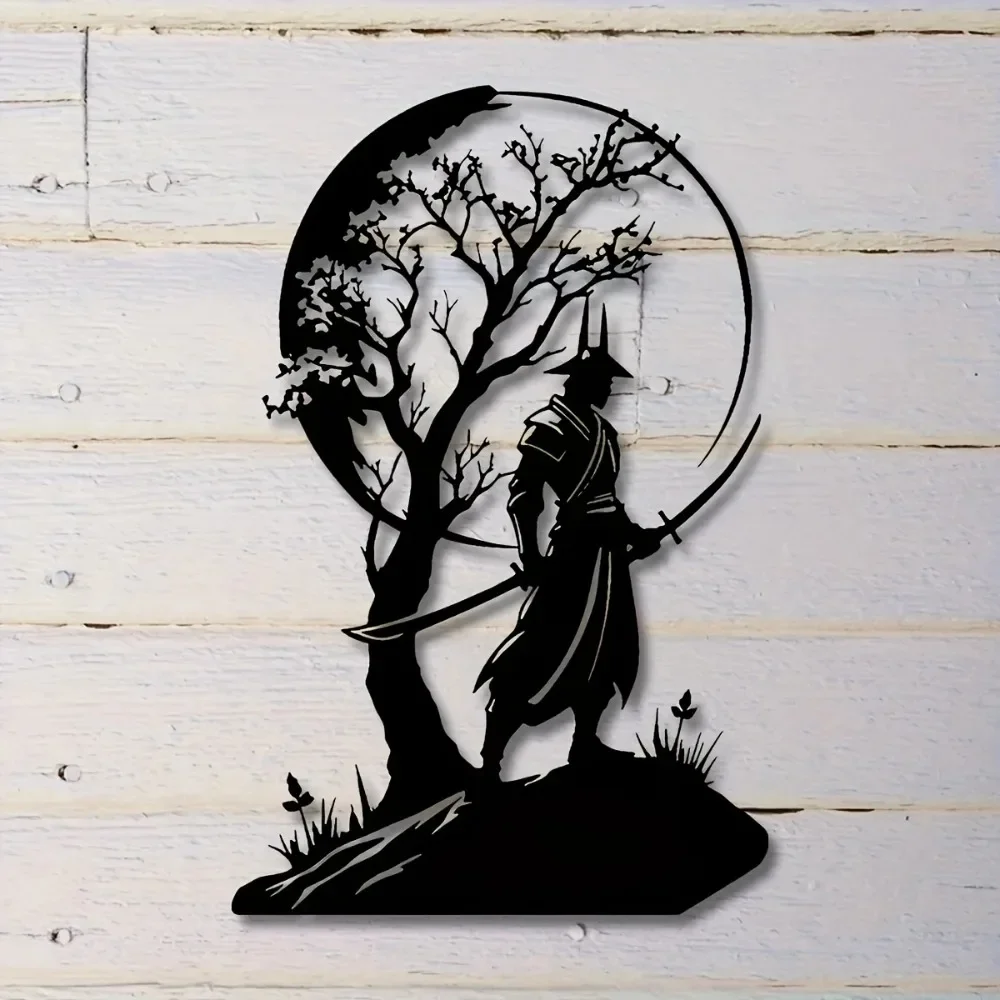 CIFBUY Metal Wall Art Japanese Samurai Cherry Blossom Tree Iron Silhouette Moon Sword Hanging Ornament for Home Office Decor