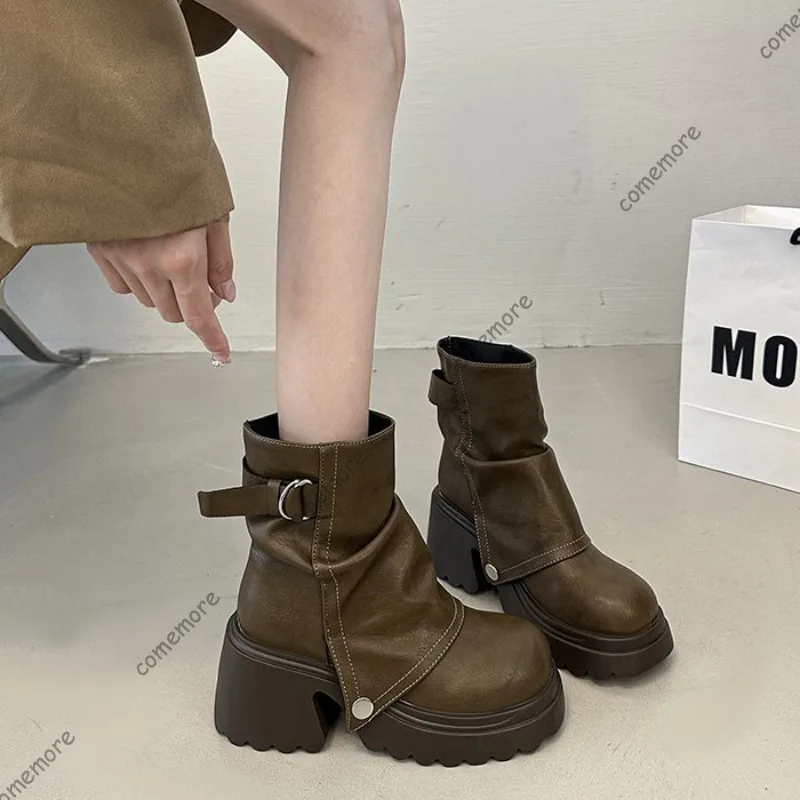 Comemore New Folded Round Head Thick Heel British Style Boot Spring Autumn Chunky Heeled Fashion Shoes Platform Short Booties view 5