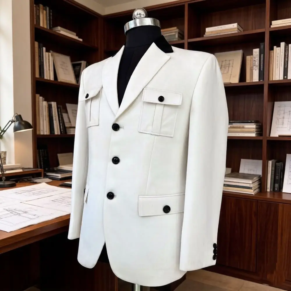 

Men Single Breasted Suits 2 Piece Safari Style Wedding Tuxedo Cargo Pockets Black Buttons Formal Groom Outdoor Prom Office Wear