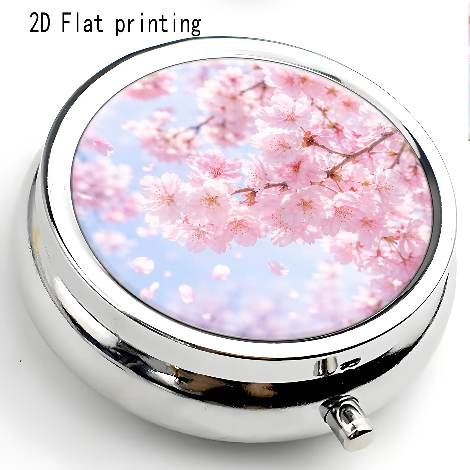 Single-piece watercolor pink cherry blossom pattern three-compartment portable pill box, vitamin storage box, suitable for placing in a handbag, small multi-functional metal pill box for jewelry storage, essential travel organizer, unique holiday gift option. Flat printing, flat surface
