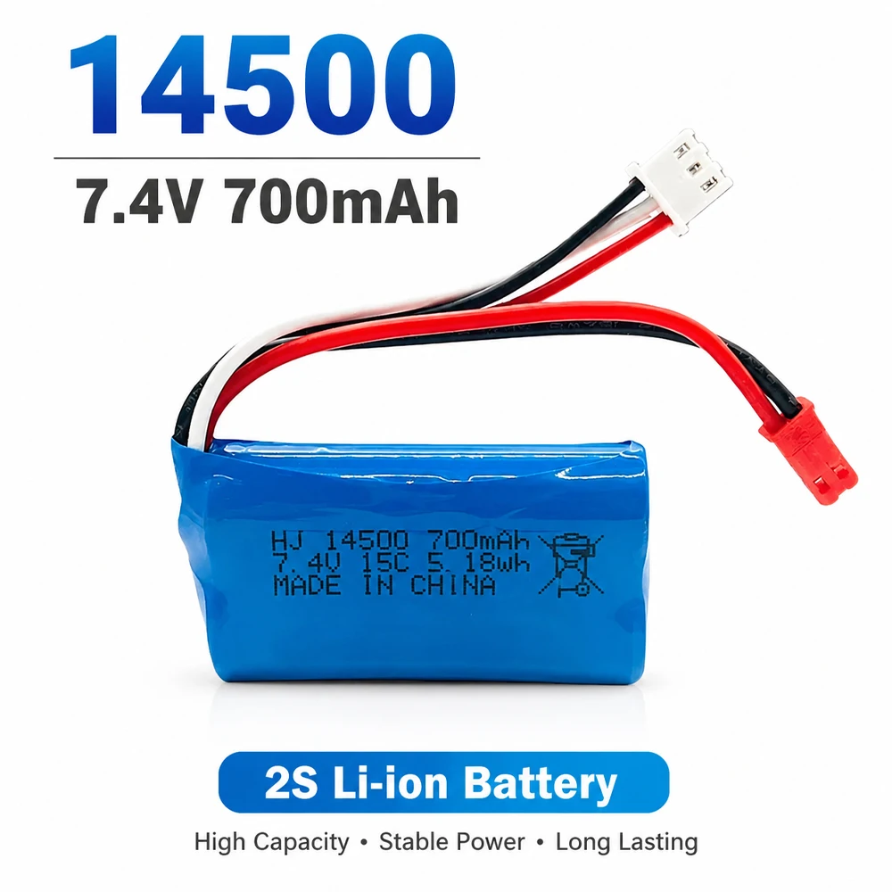 14500 7,4V 700mAh Li-Ionen-Akku 2S Wiederaufladbarer RC-Akku mit JST-Stecker für WLtoys WPL D12MN45 RC Auto LKW Boot Ferngesteuerte Spielzeuge