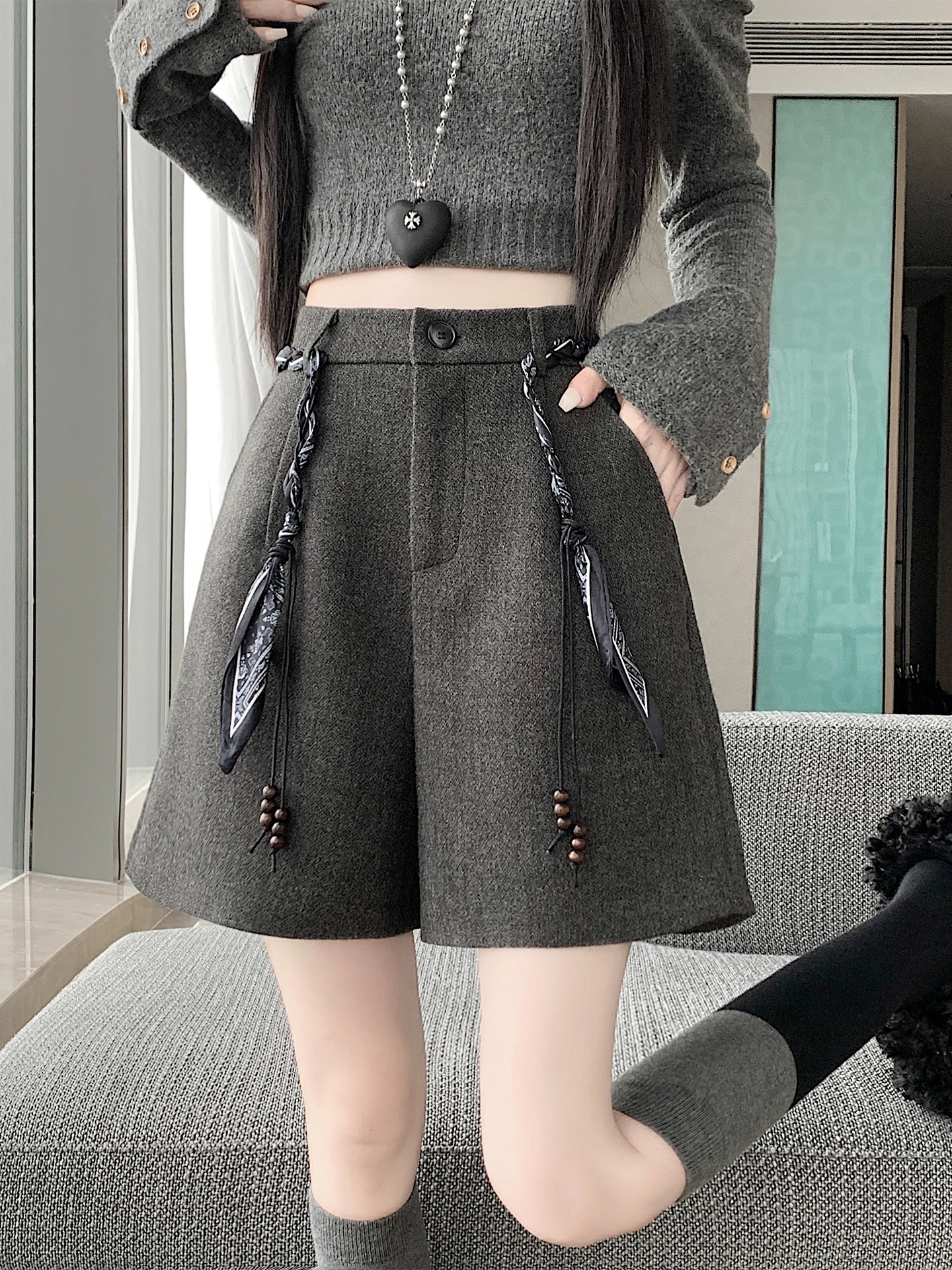 Deep ey Thi Pantaloni invernali da donna a cinque quarti in lana a vita alta a gamba larga Pantaloni casual con cerniera a gamba dritta comodi