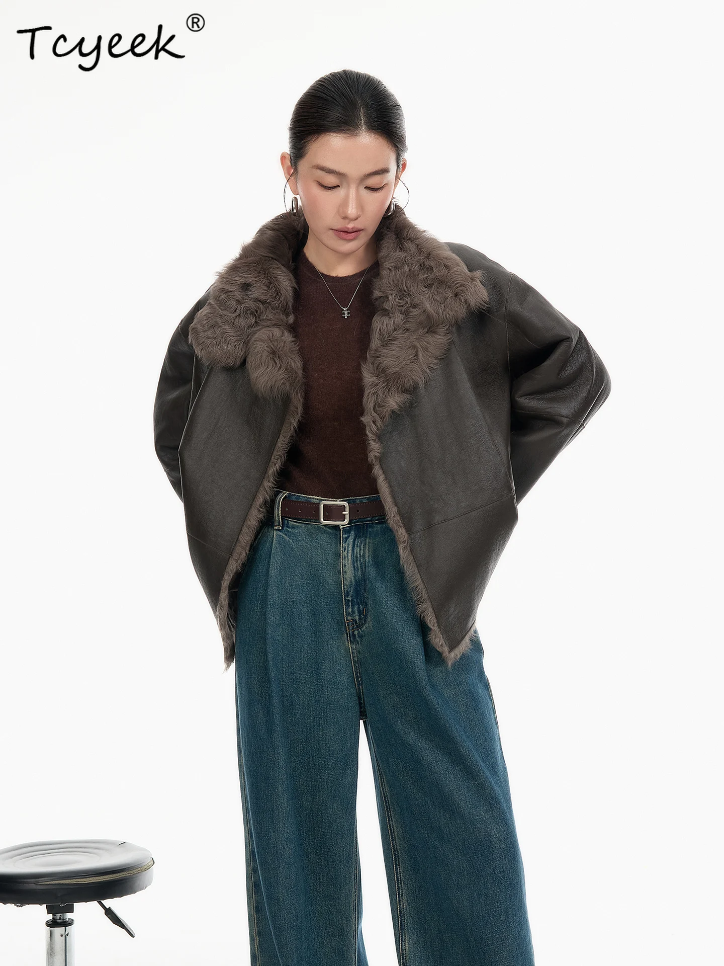 Tcyeek Genuino Lana Autunno Inverno High End Alla Moda Risvolto di Colore Solido delle Donne di Lana di Agnello Shearling Cappotto di Pelliccia Fourrures Femme