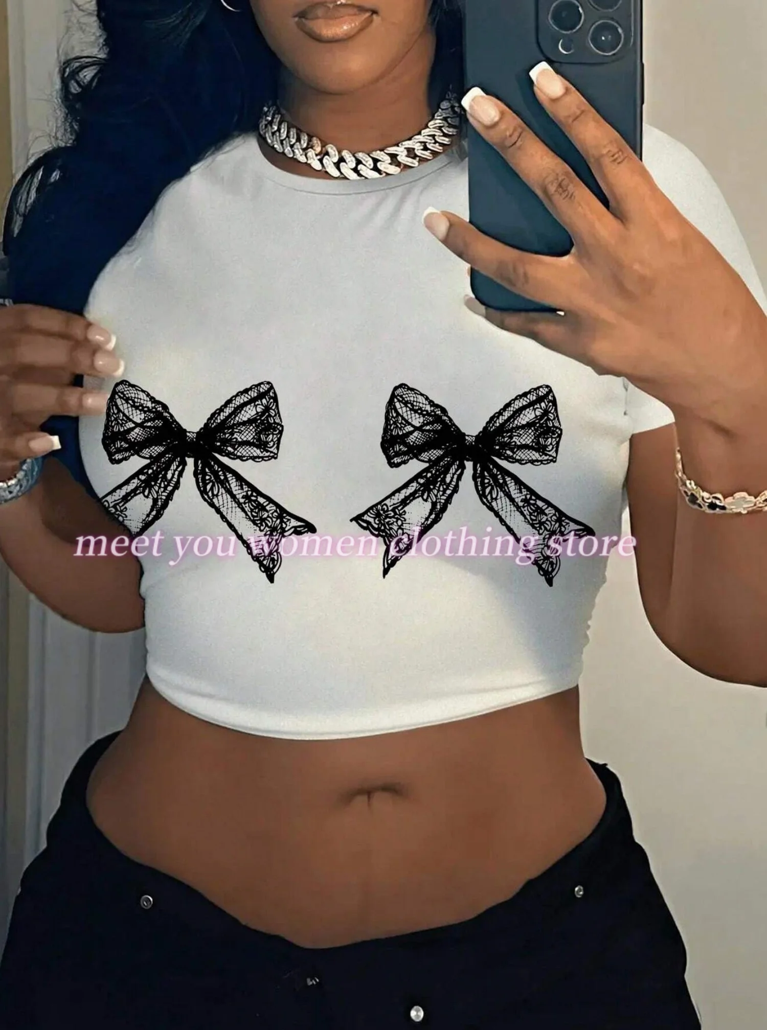 

bow Print Drop Shoulder Crop Tee Woman T Shirt Girl Oversize Female Creativity Sport Streettshirt BLOUSE T-Shirt Casual Clothes