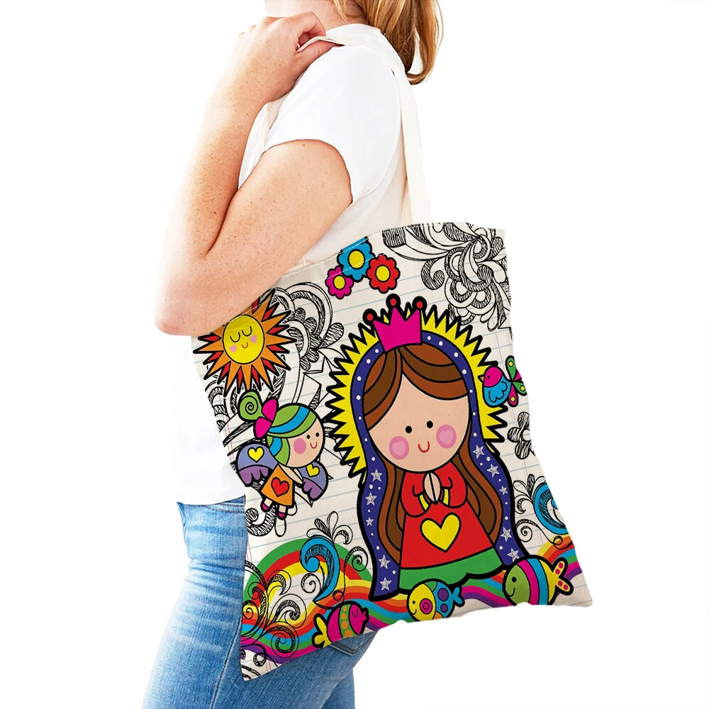 Cartoon Virgin Mary Series Women Shopper Bag Canvas Handbag Foldable Reusable Double Print Tote Lady Shopping Bags Children Gift