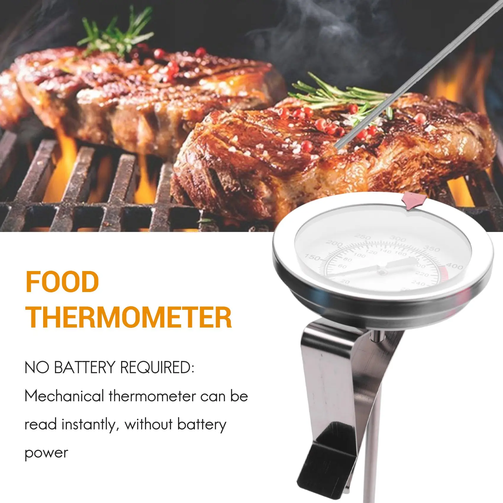 12 inch Mechanical Meat Thermometer Instant Read, Long Stem, Waterproof, No Battery Required, Stainless Steel Deep Fry