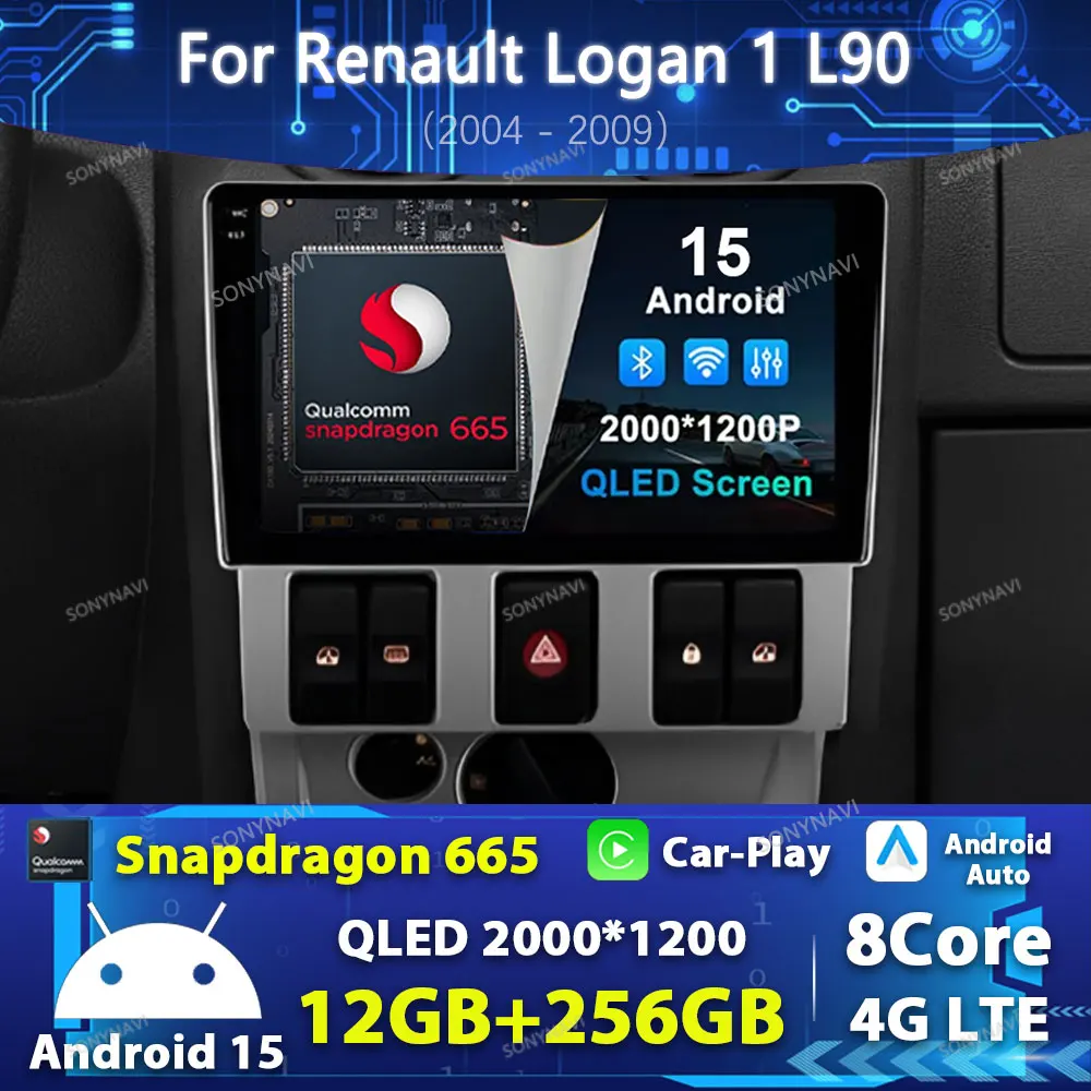 Автомобильный радиоприемник Android 15 для Renault Logan 1 L90 2004-2009 GPS NAVI 4G WIFI BT Мультимедийный видеоплеер Головное устройство 2DIN QLED LTE 5G